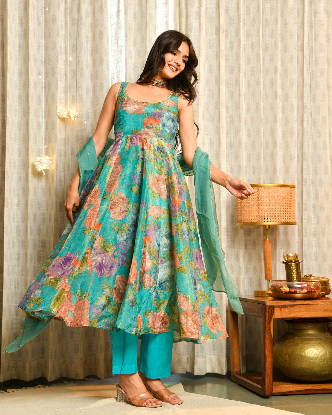 Vibrant Teal Floral Tissue Suit Set