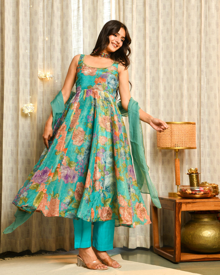 Vibrant Teal Floral Tissue Suit Set