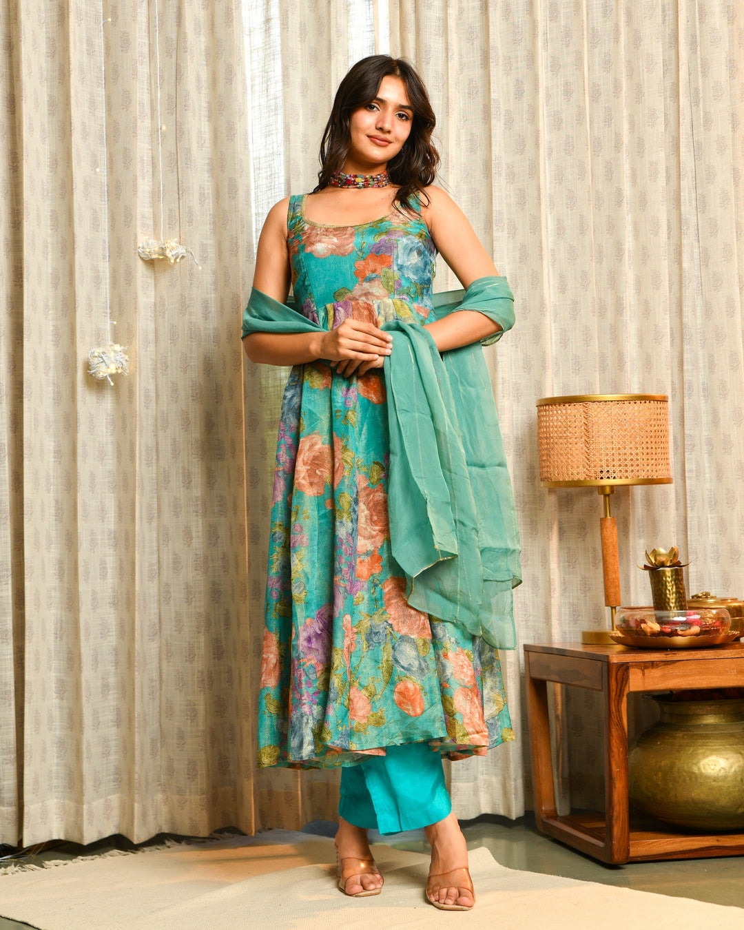 Vibrant Teal Floral Tissue Suit Set