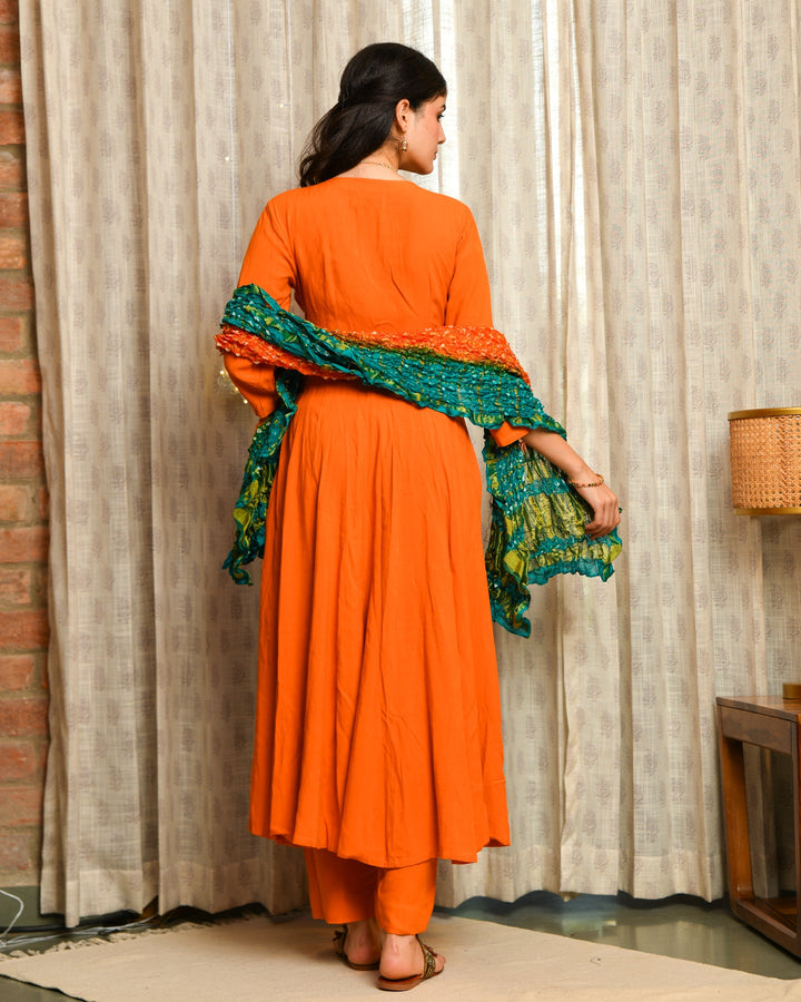 Orange Rayon Anarkali Suit Set