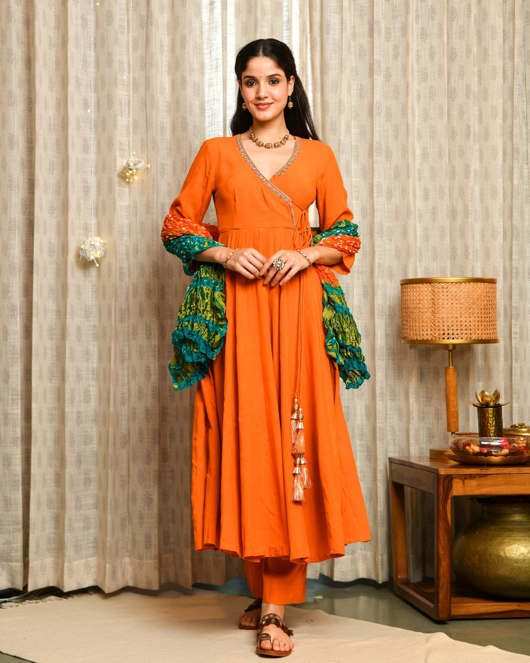 Orange Rayon Anarkali Suit Set