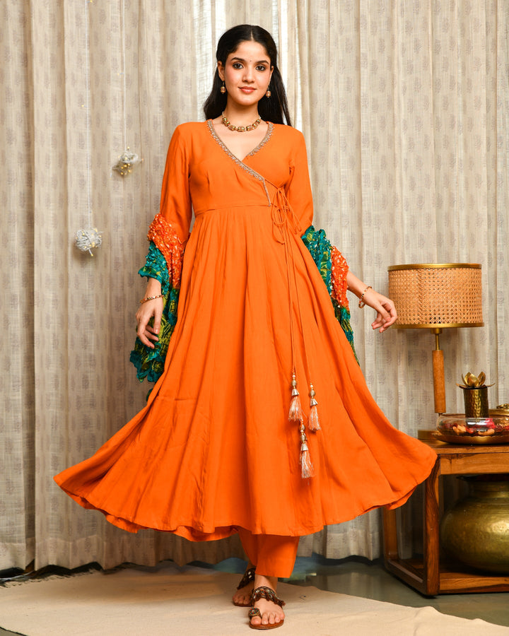 Orange Rayon Anarkali Suit Set