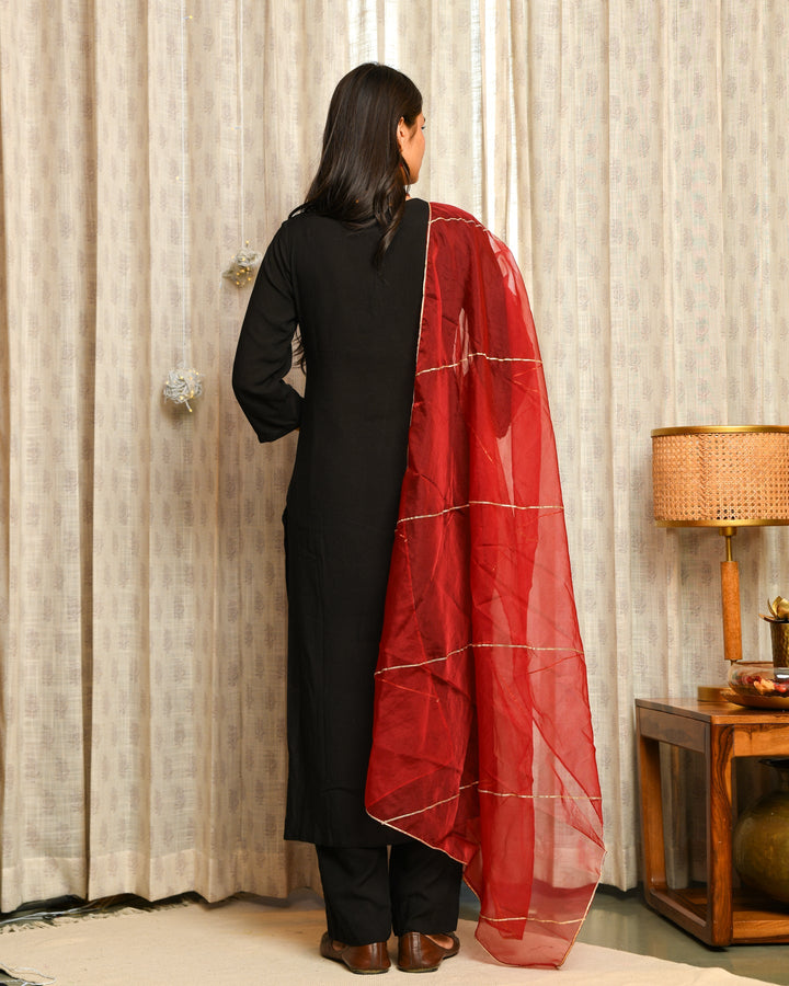 Black Rayon Straight Suit Set