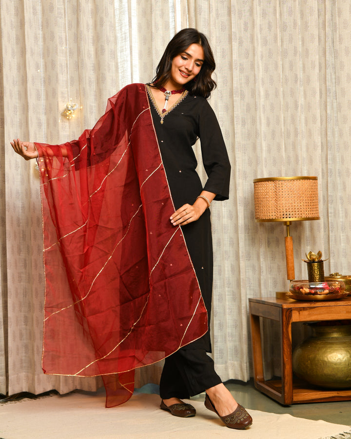 Black Rayon Straight Suit Set