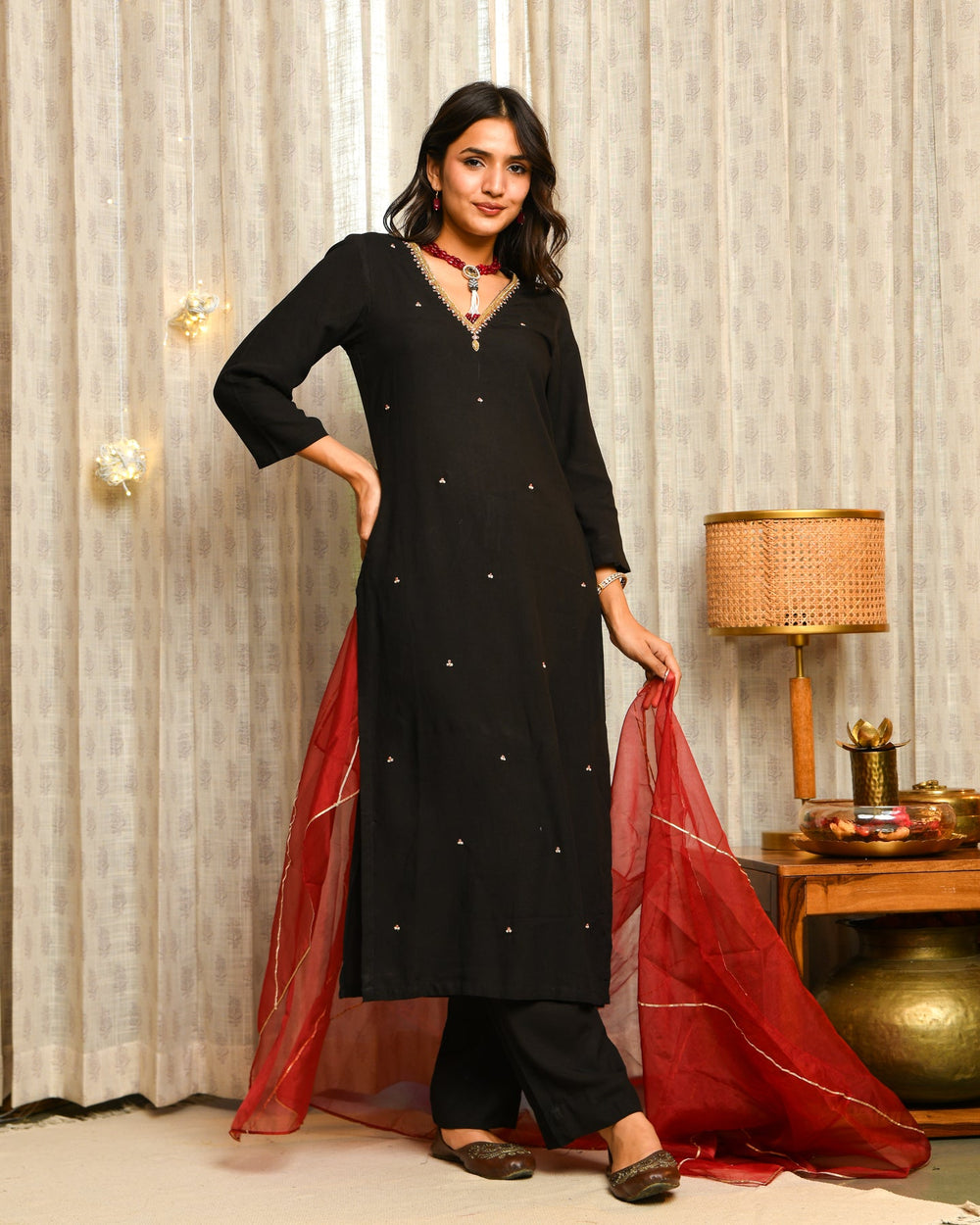 Black Rayon Straight Suit Set 