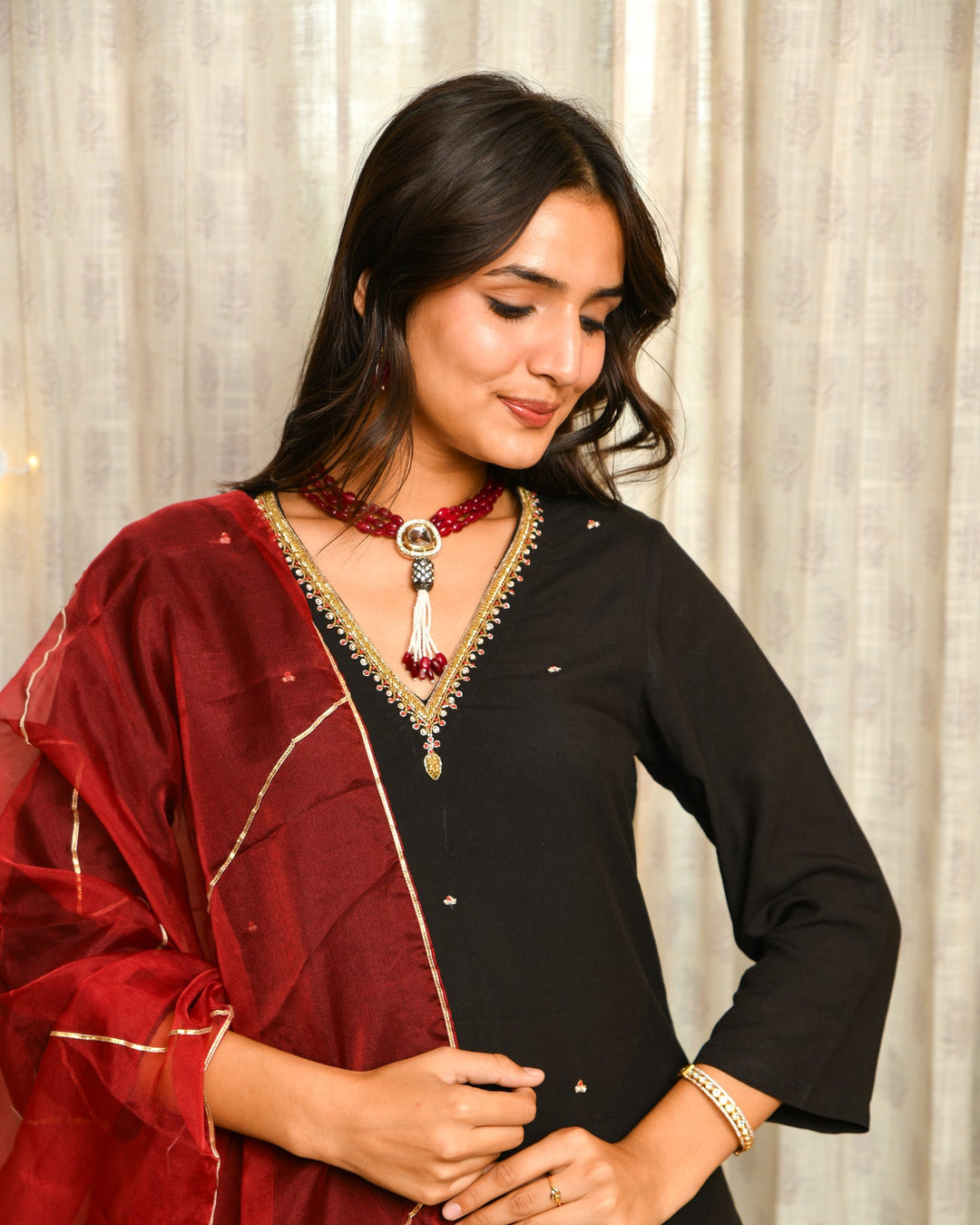 Black Rayon Straight Suit Set