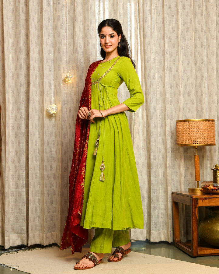 Green Rayon Anarkali Suit Set