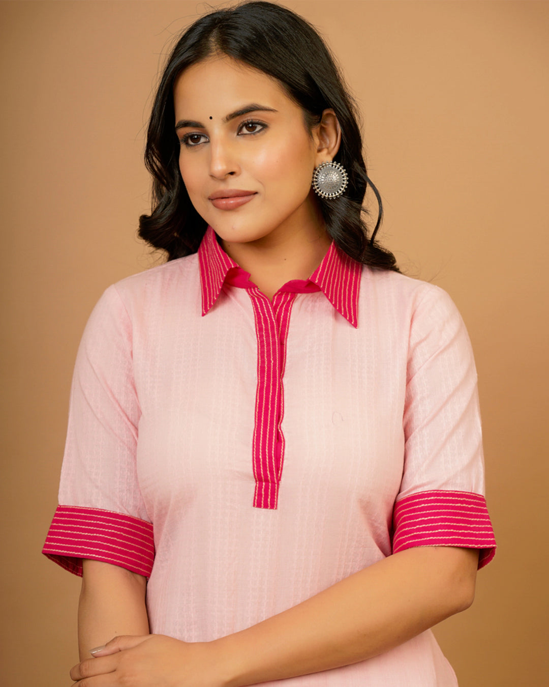 Pink Textured Cotton Kurta