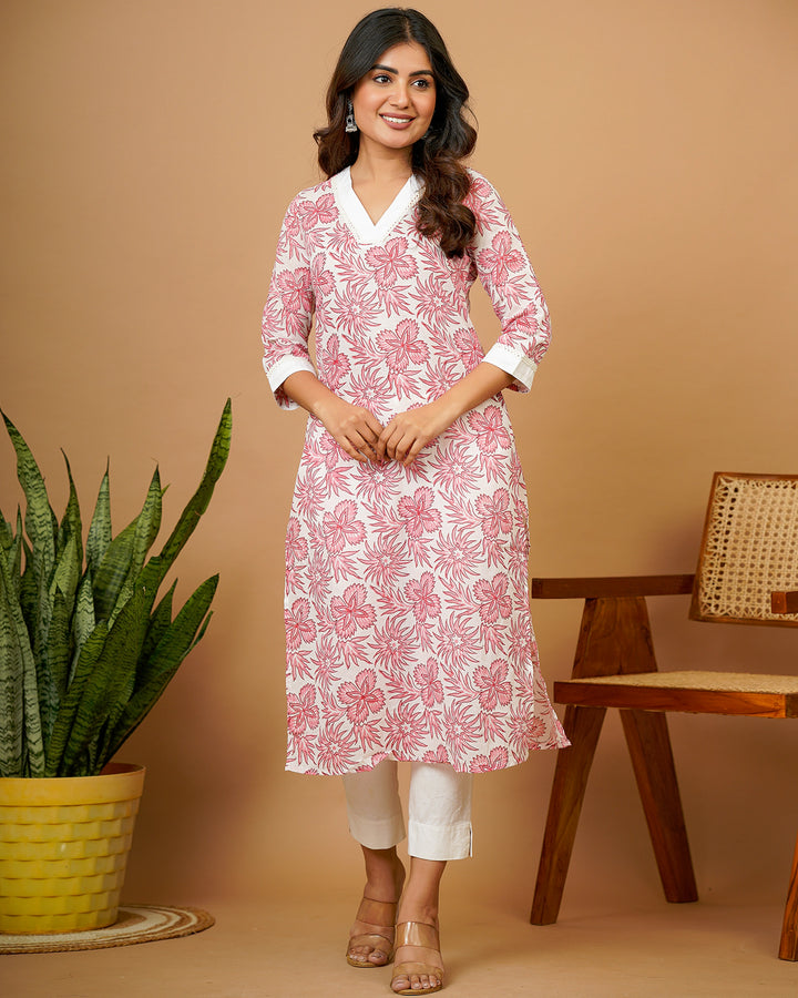 Pink Vneck Straight Kurti