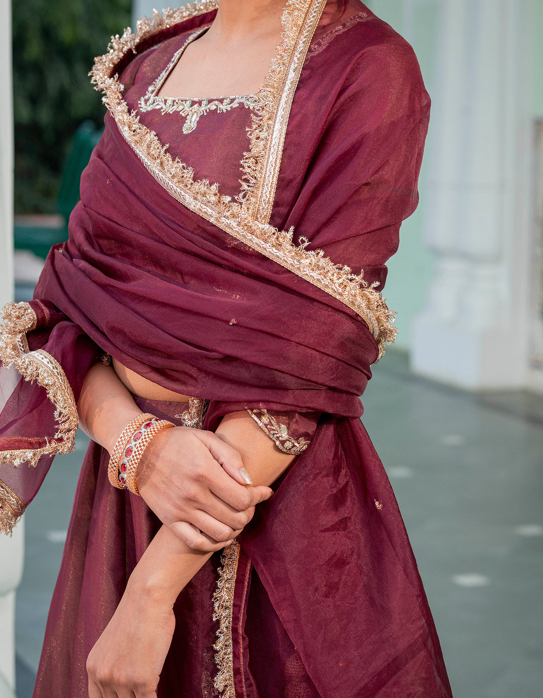 Wine Kalidaar Tissue Lehenga Set