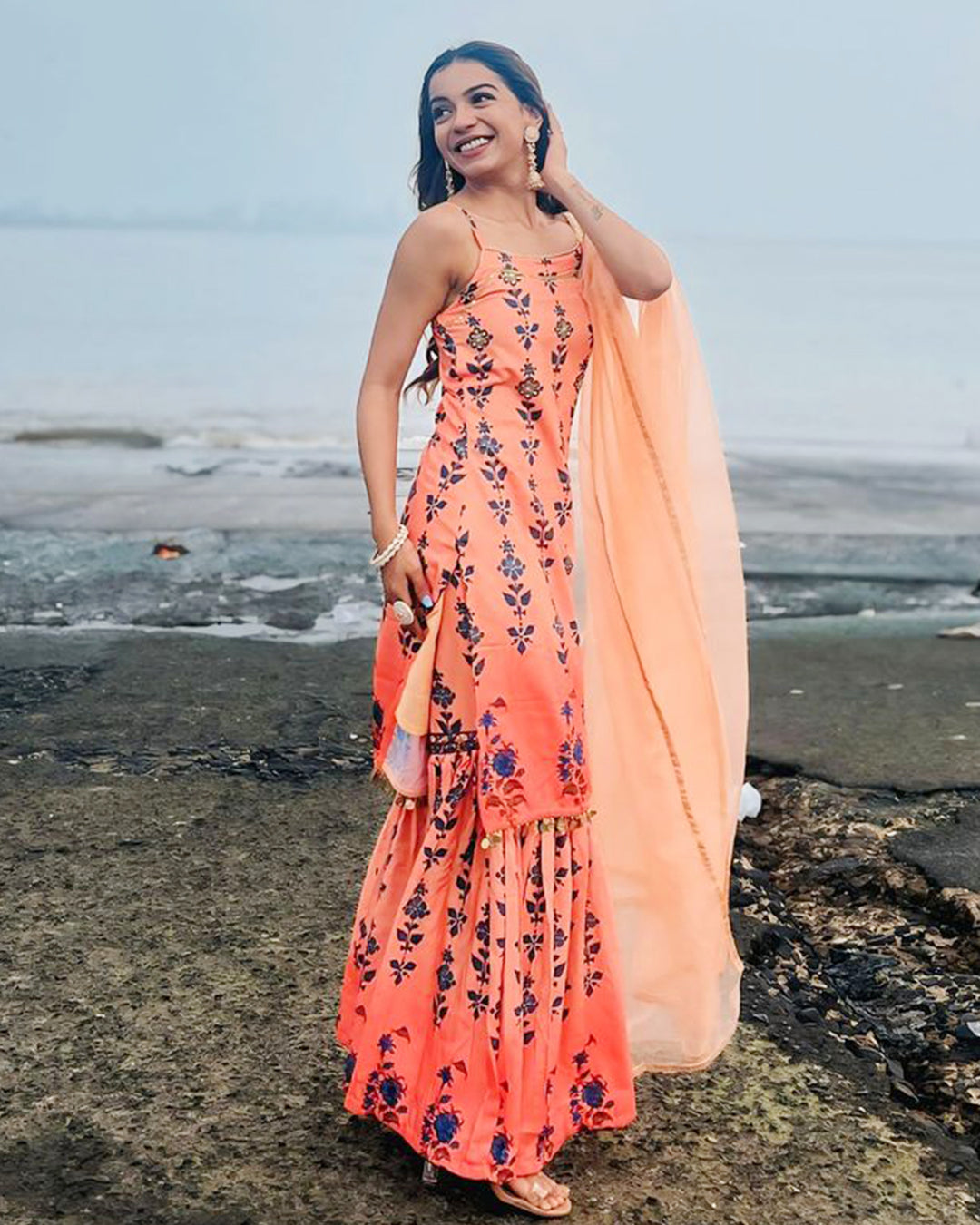 Peach Printed Sharara Set