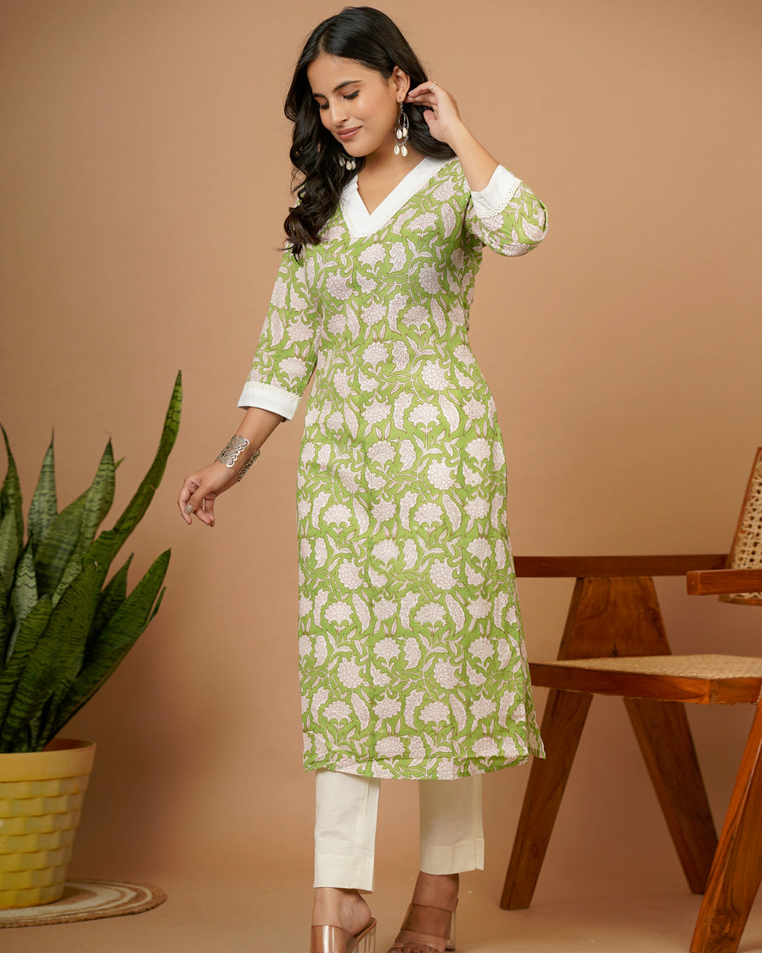 Parrot Green Vneck Straight Kurti