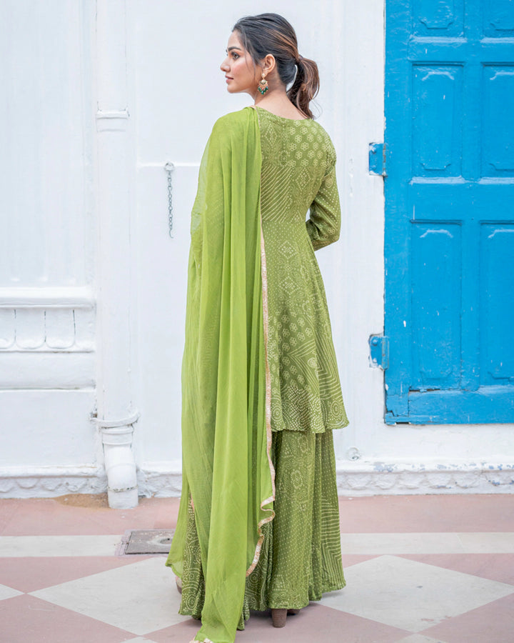 Green Bandhej & Sequin Sharara Set