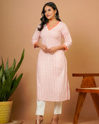 White Orange Vneck Straight Kurta