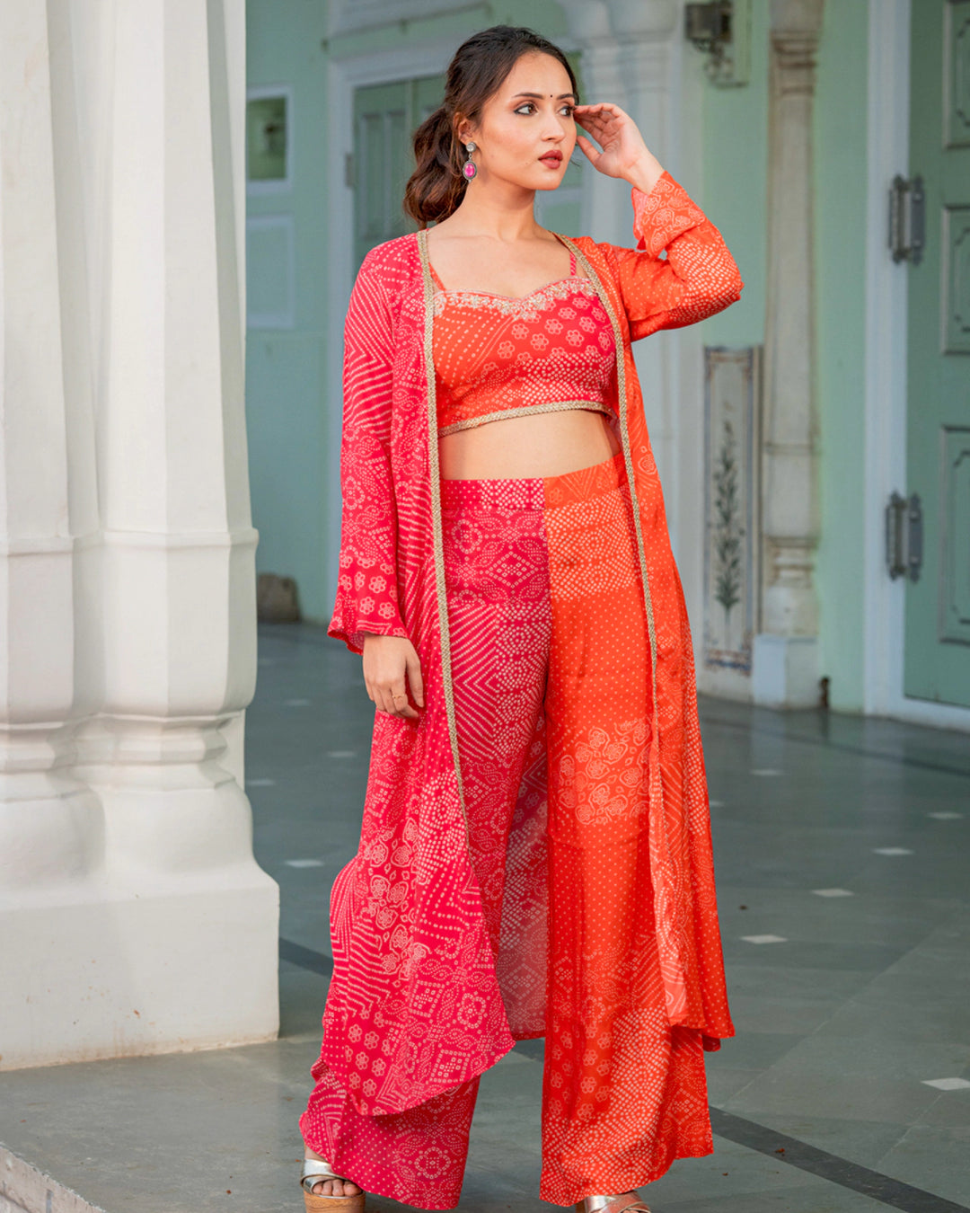 Orange Bandhani Jacket-Sharara Set