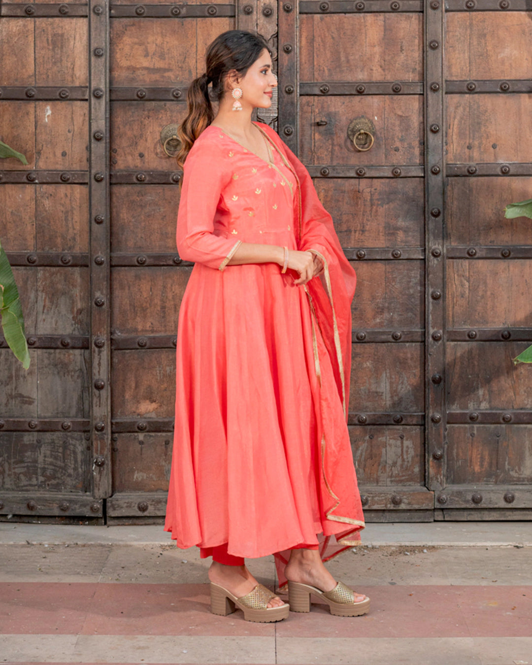 Salmon Angrakha Solid Suit Set