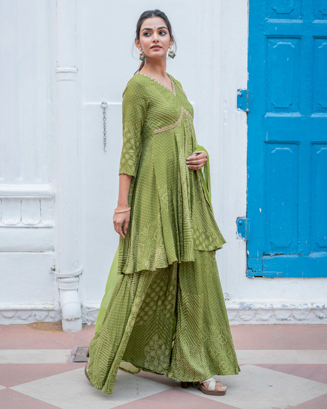 Green Bandhej & Sequin Sharara Set