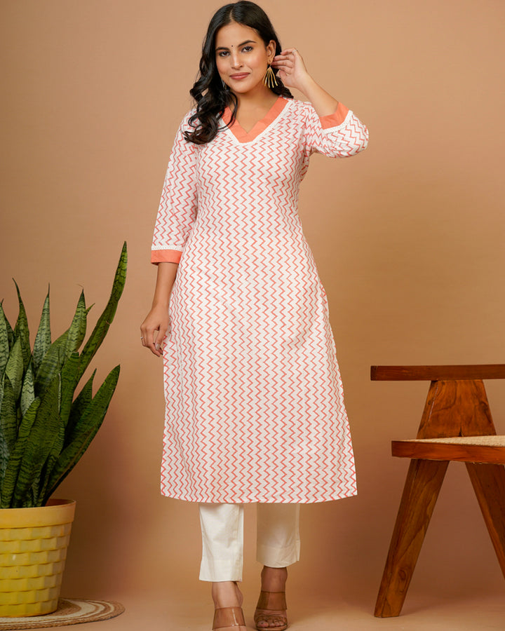 White Orange Vneck Straight Kurta