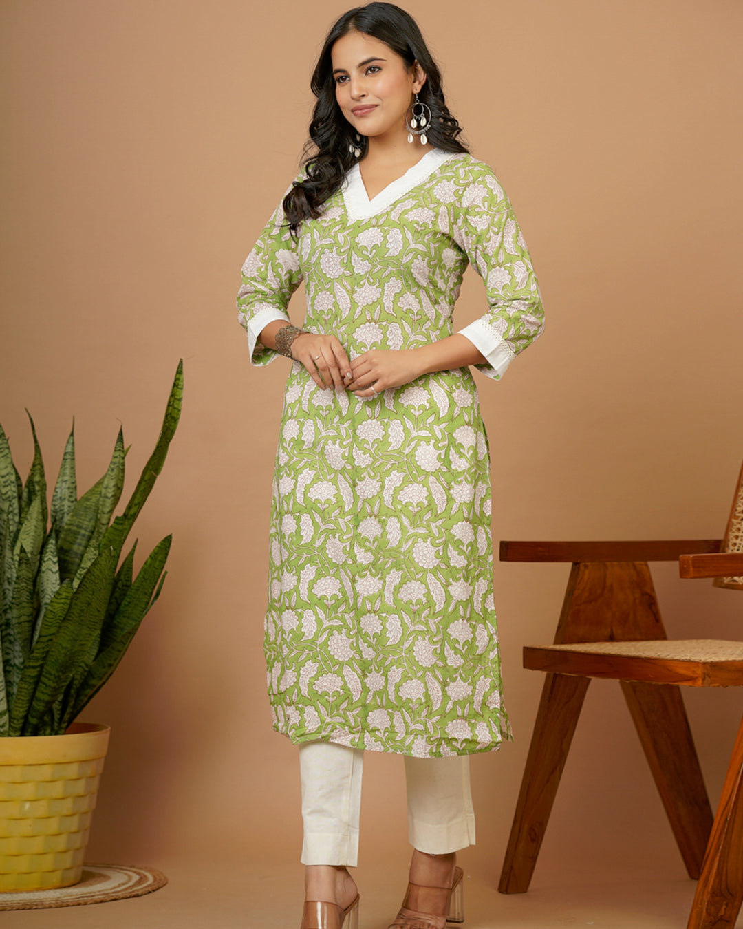 Parrot Green Vneck Straight Kurti