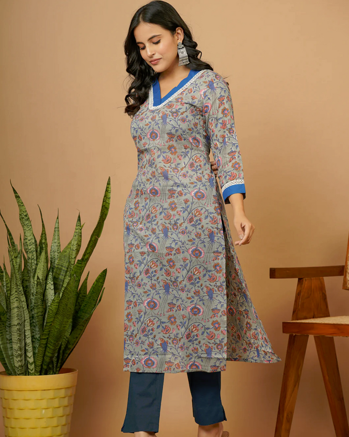 Grey B.P. Vneck Straight Kurti