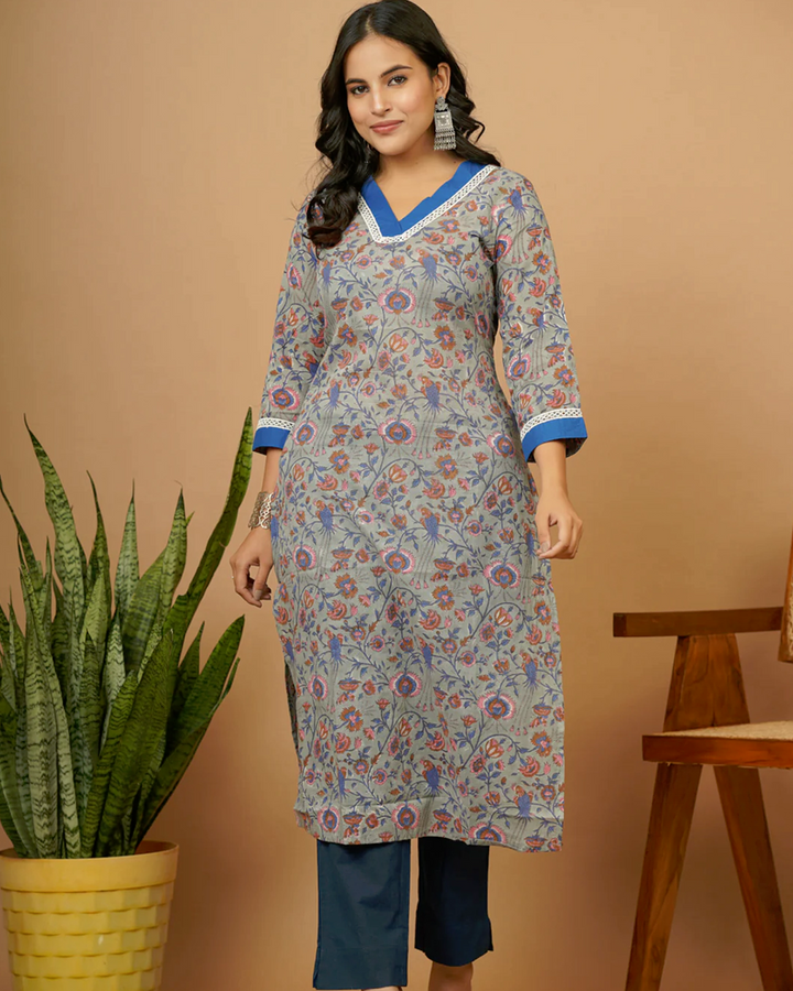 Grey B.P. Vneck Straight Kurti