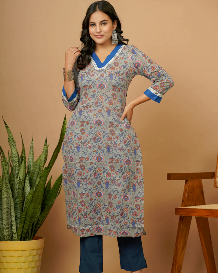 Grey B.P. Vneck Straight Kurti