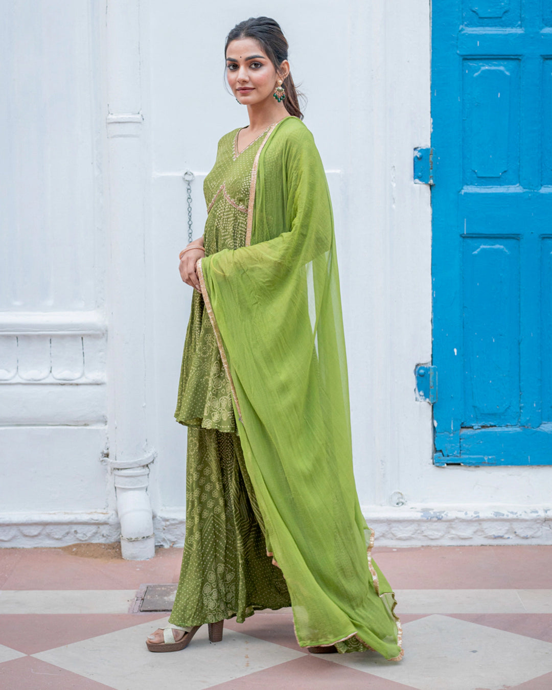 Green Bandhej & Sequin Sharara Set