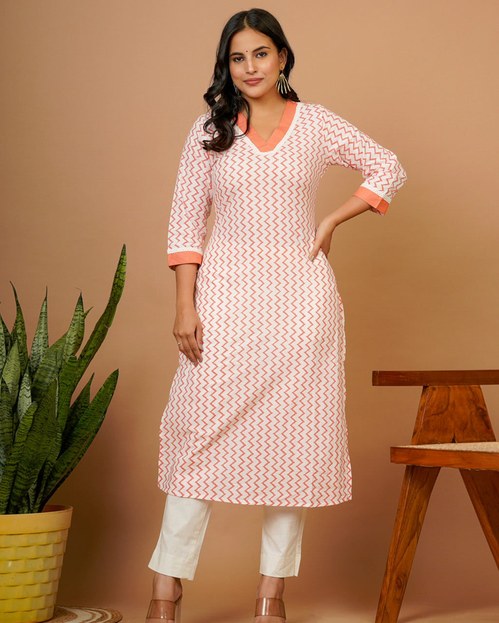 White Orange Vneck Straight Kurta