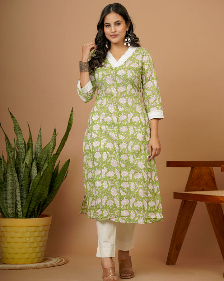 Parrot Green Vneck Straight Kurti