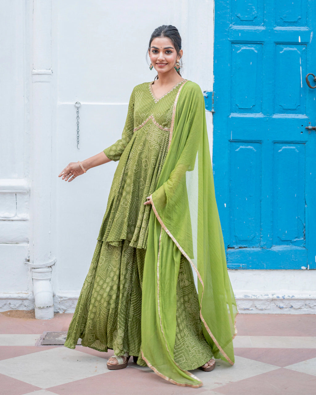Green Bandhej & Sequin Sharara Set