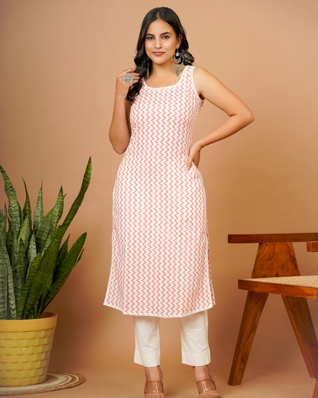 White Orange Aztec Print Kurti