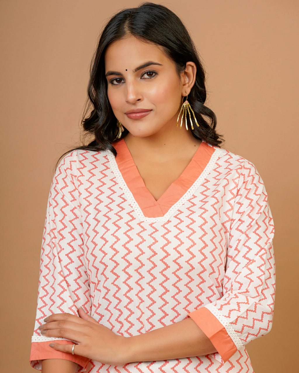 White Orange Vneck Straight Kurta