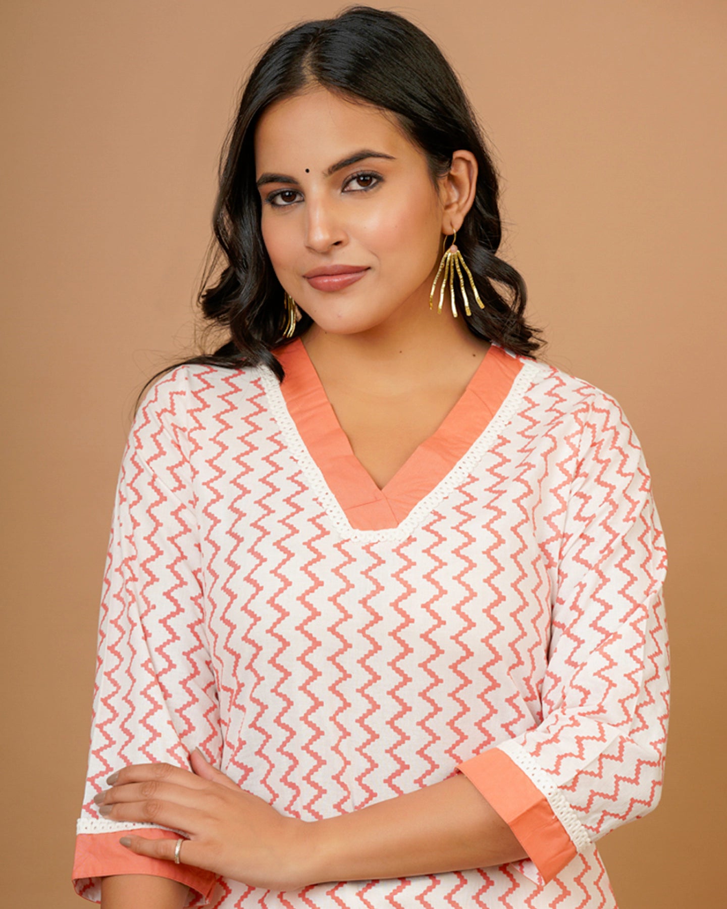 White Orange Vneck Straight Kurta