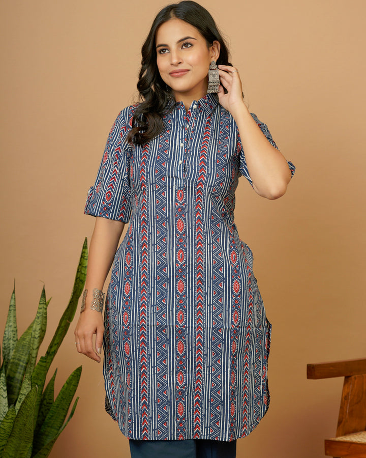 Indigo Red Tribal Kurta