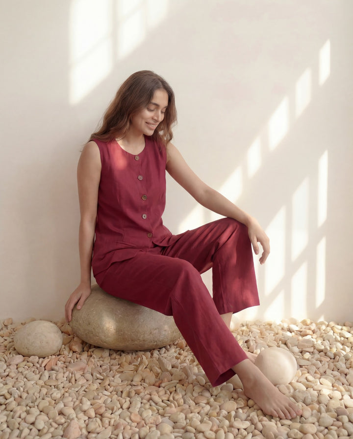 Maroon Vest Linen Co-ord Set