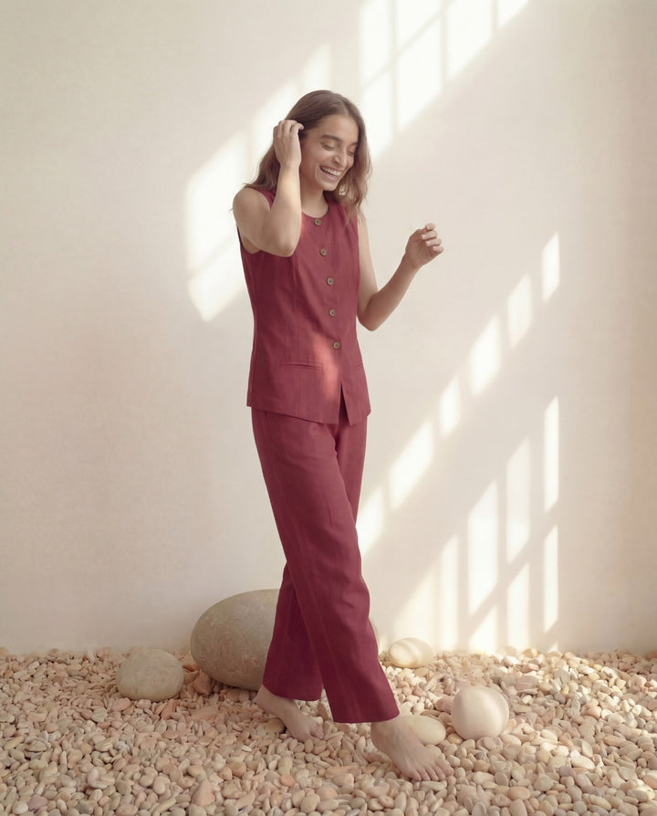 Maroon Vest Linen Co-ord Set