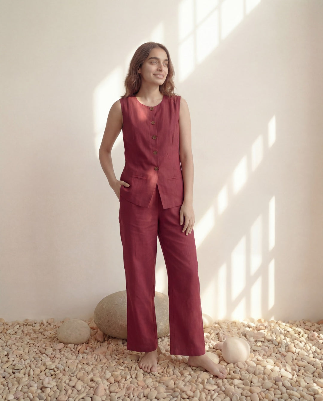 Maroon Vest Linen Co-ord Set