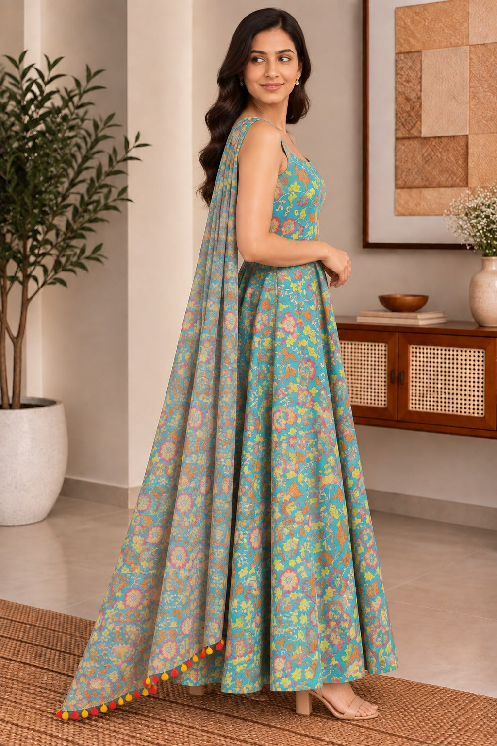 Blue Floral Muslin Suit Set