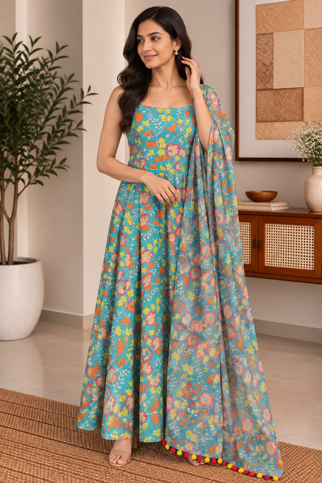 Blue Floral Muslin Suit Set