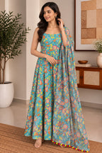 Blue Floral Muslin Suit Set