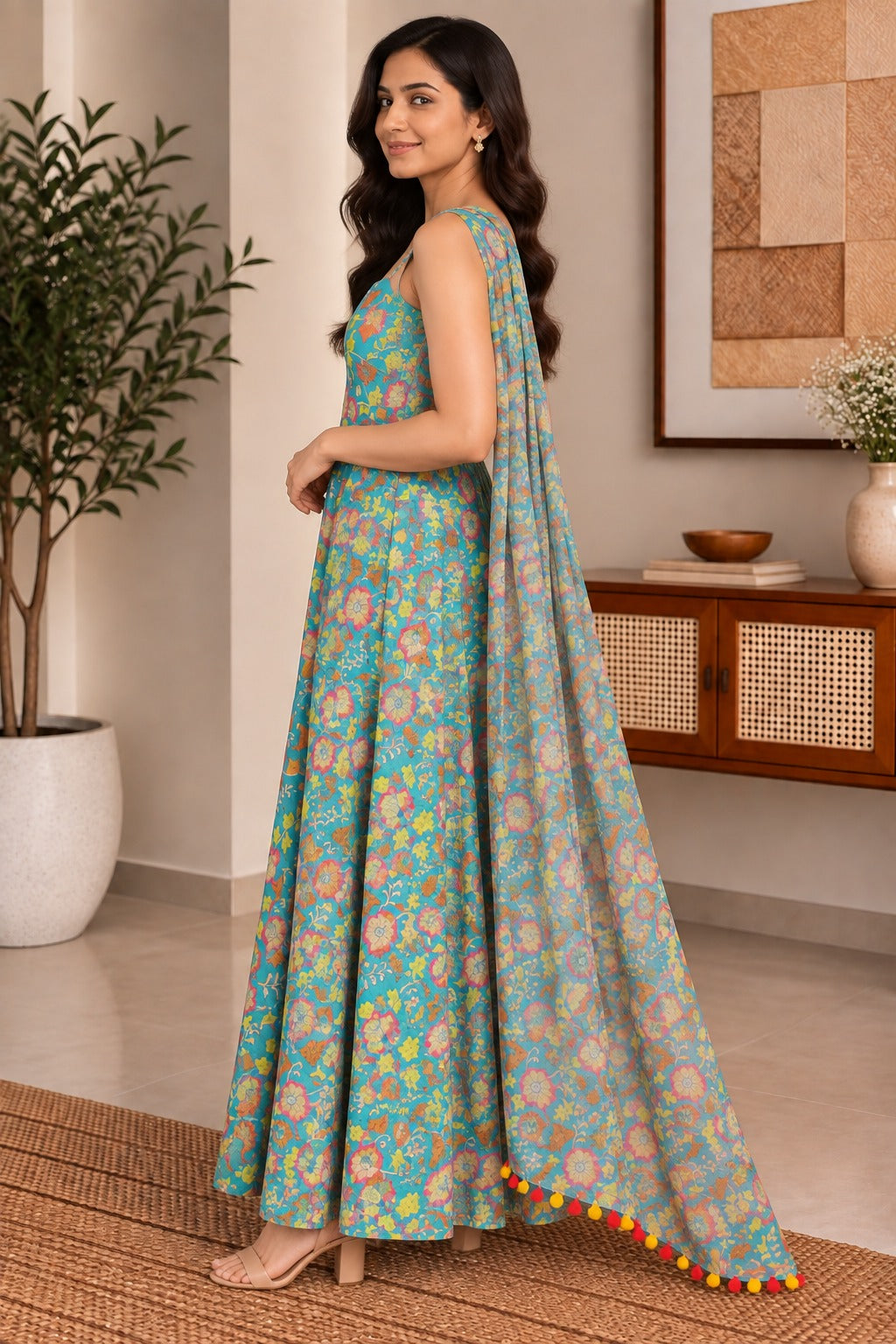 Blue Floral Muslin Suit Set