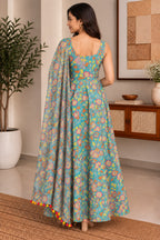 Blue Floral Muslin Suit Set