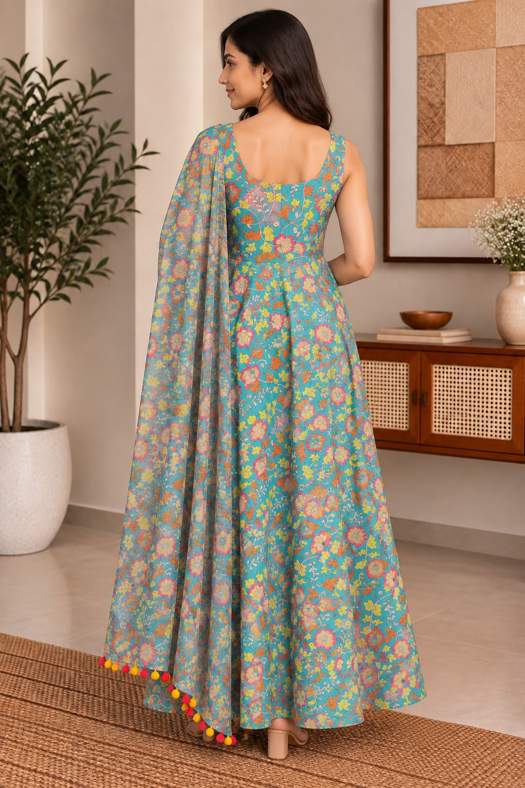 Blue Floral Muslin Suit Set