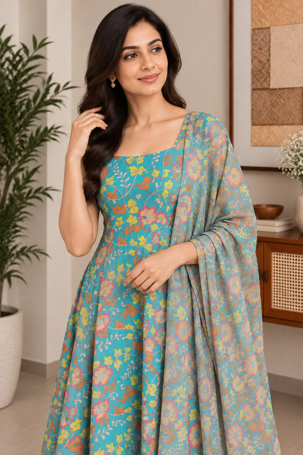 Blue Floral Muslin Suit Set