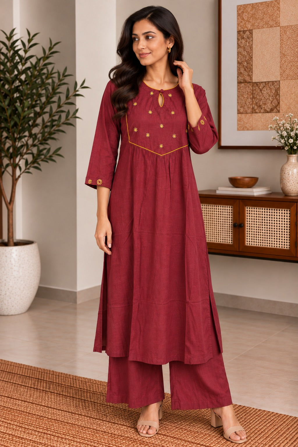 Maroon Mirror Work A-line Kurta Set
