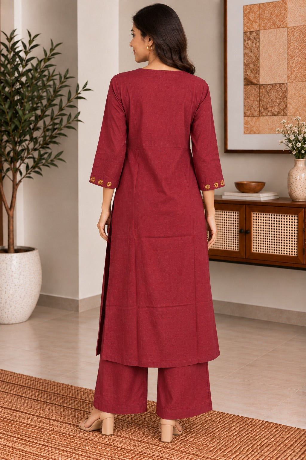 Maroon Mirror Work A-line Kurta Set