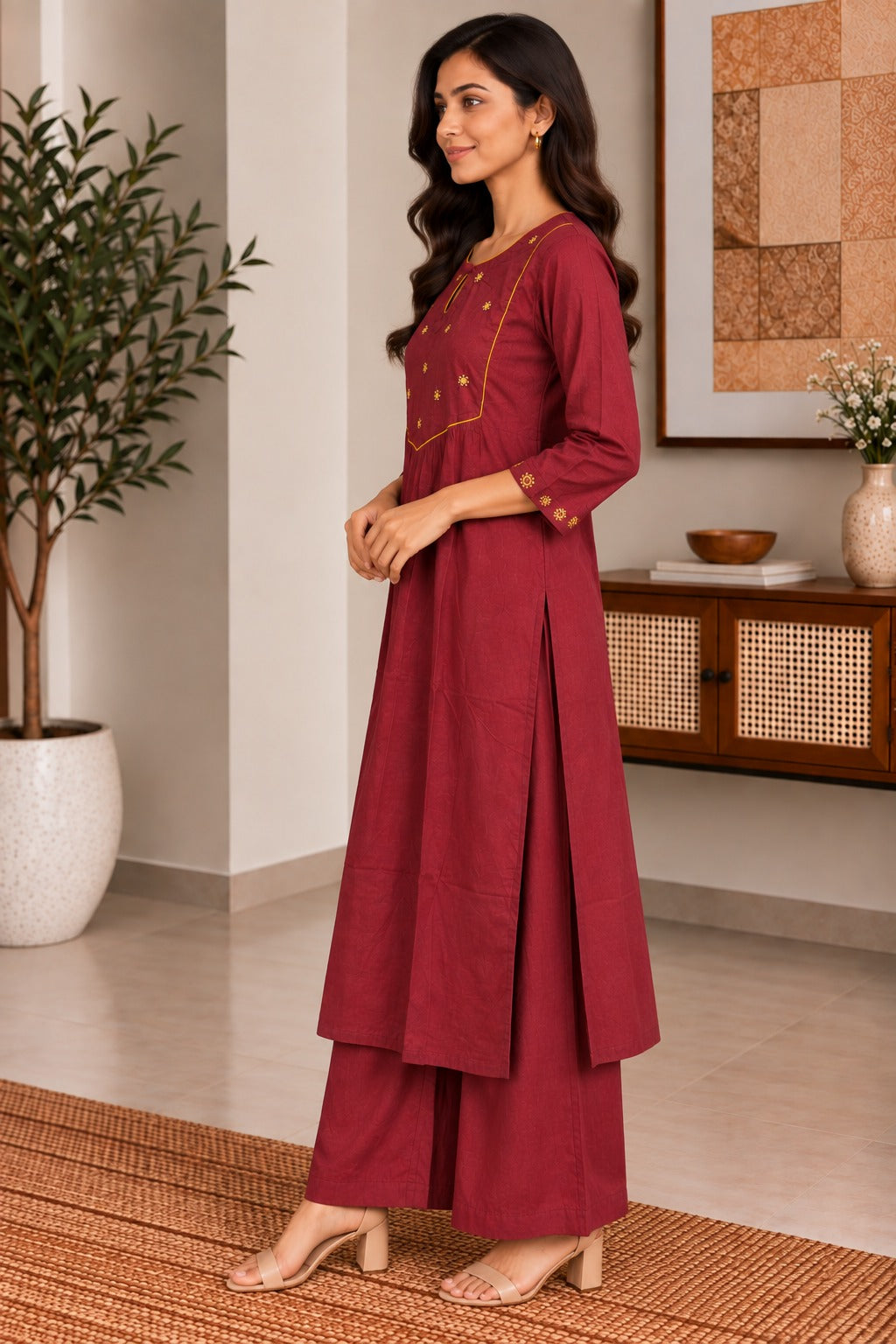 Maroon Mirror Work A-line Kurta Set