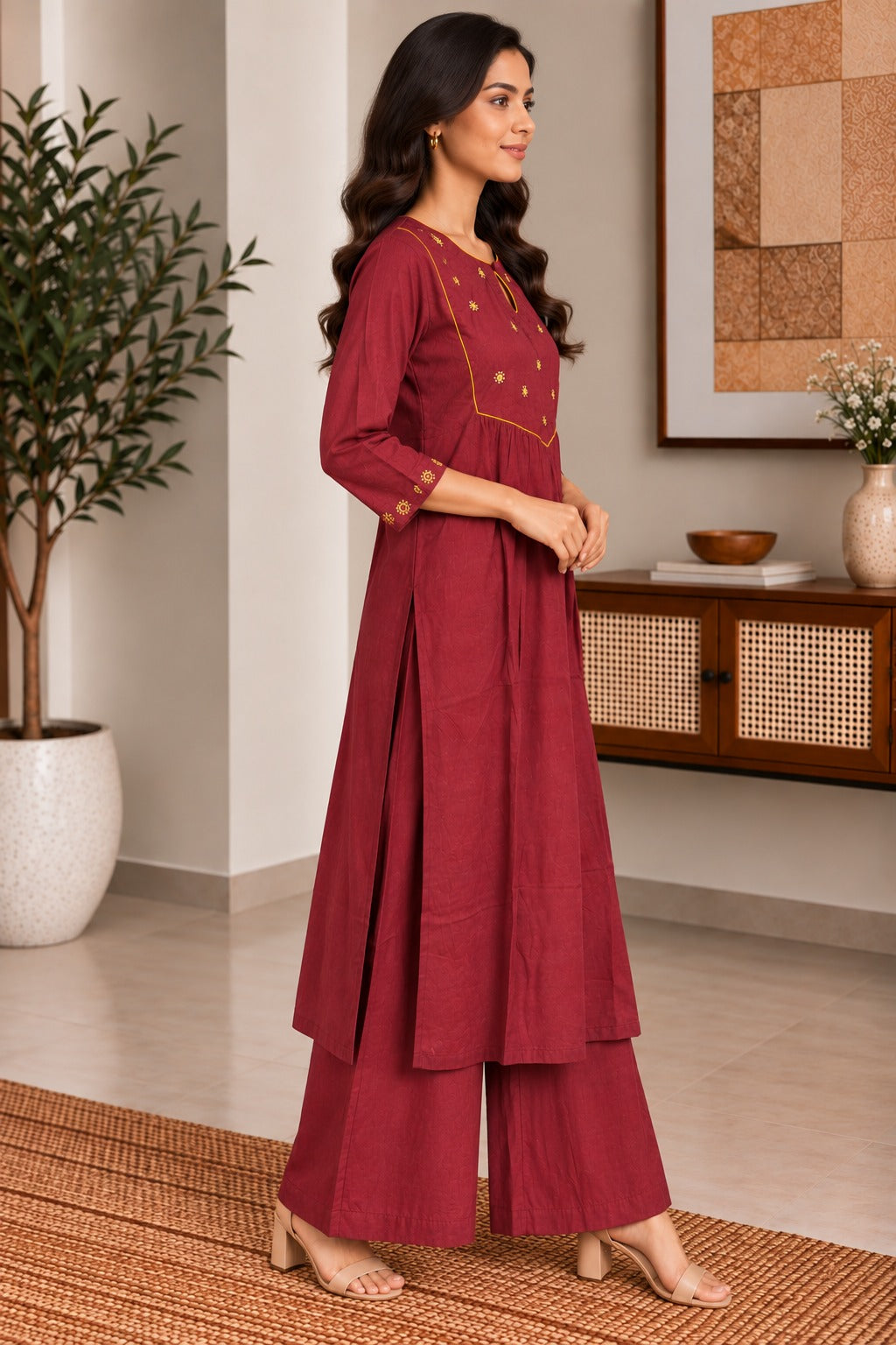 Maroon Mirror Work A-line Kurta Set