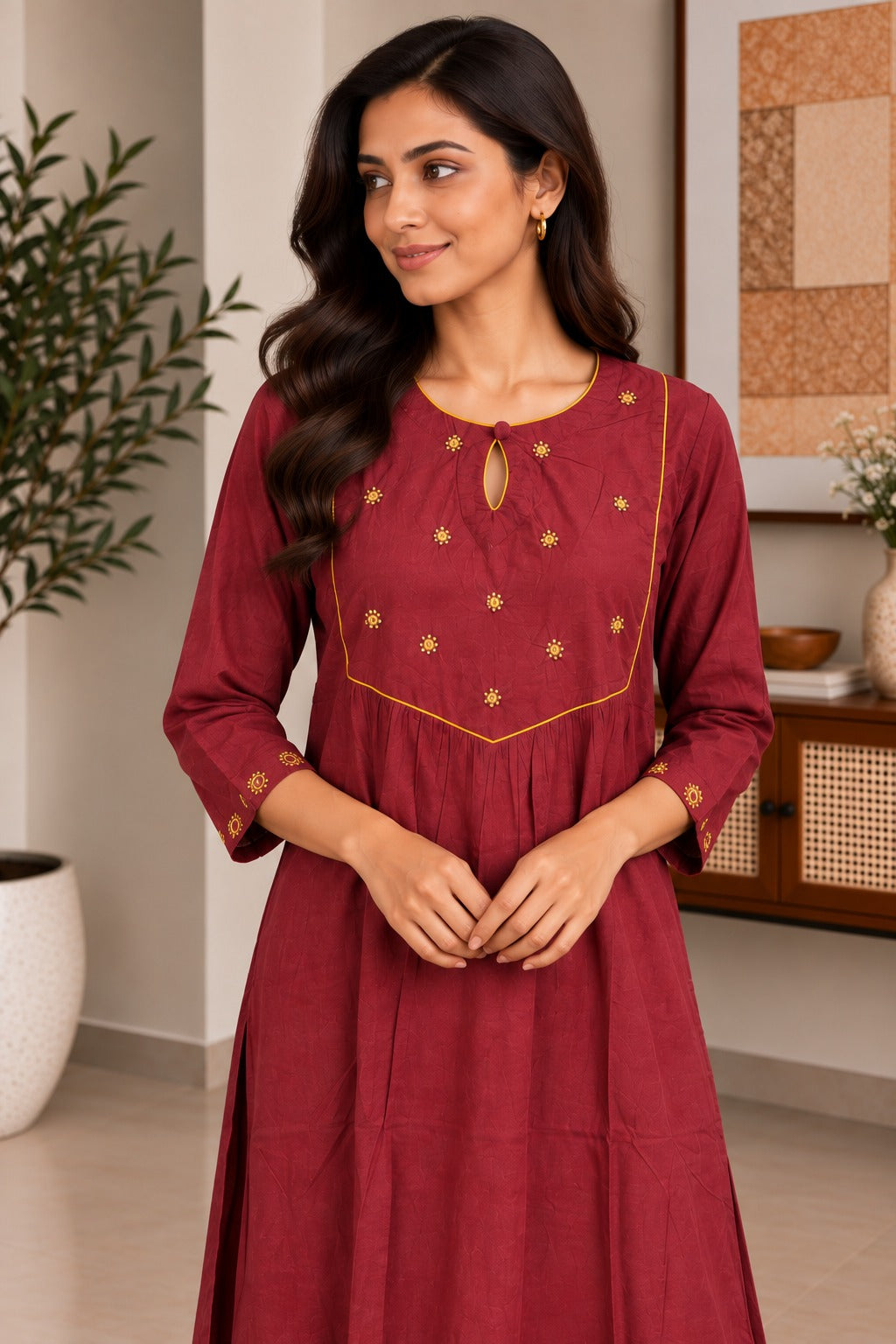 Maroon Mirror Work A-line Kurta Set
