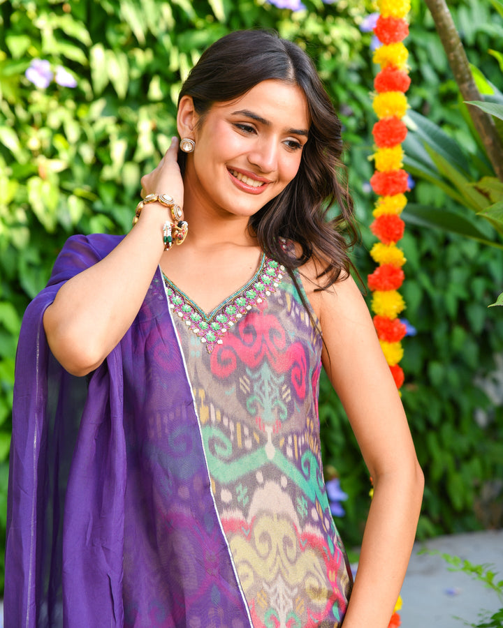 Purple Ikat Tissue Palazzo Suit